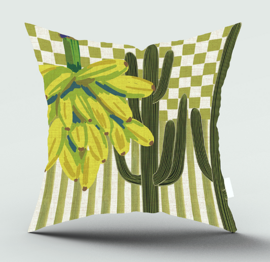 La Quinta Scatter Cover featuring cacti and green bananas on a green and cream check