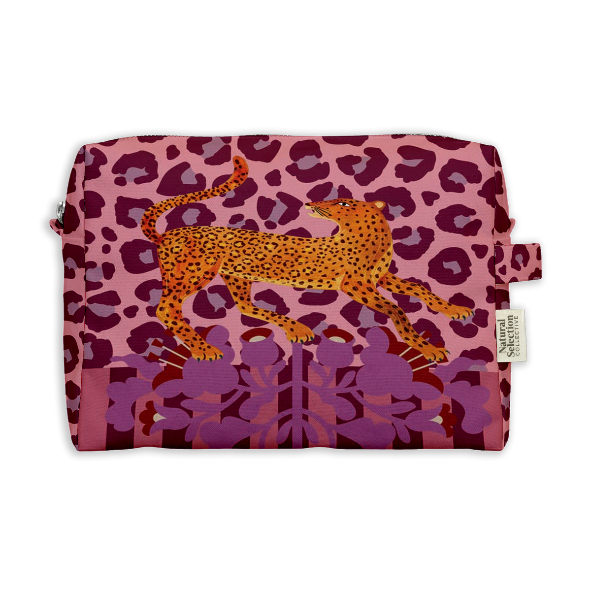 Lady Leo Toiletry Bag featuring an orange leopard leaping across pink and plum leopard spots