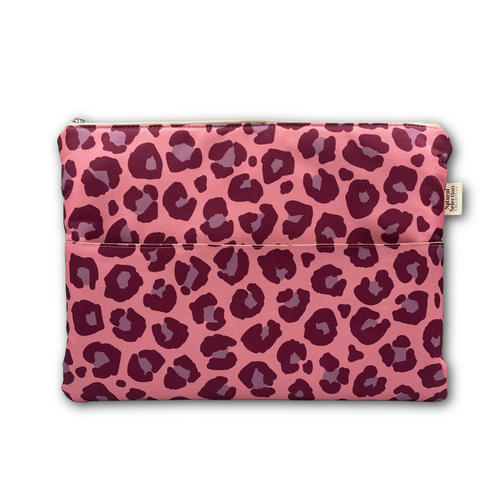 A rectangular zippered pouch featuring a pink and dark purple leopard print pattern, shown against a plain white background.