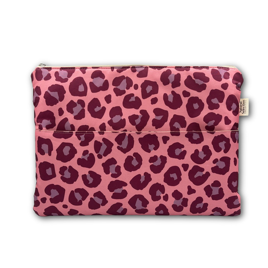 A rectangular zippered pouch featuring a pink and dark purple leopard print pattern, shown against a plain white background.