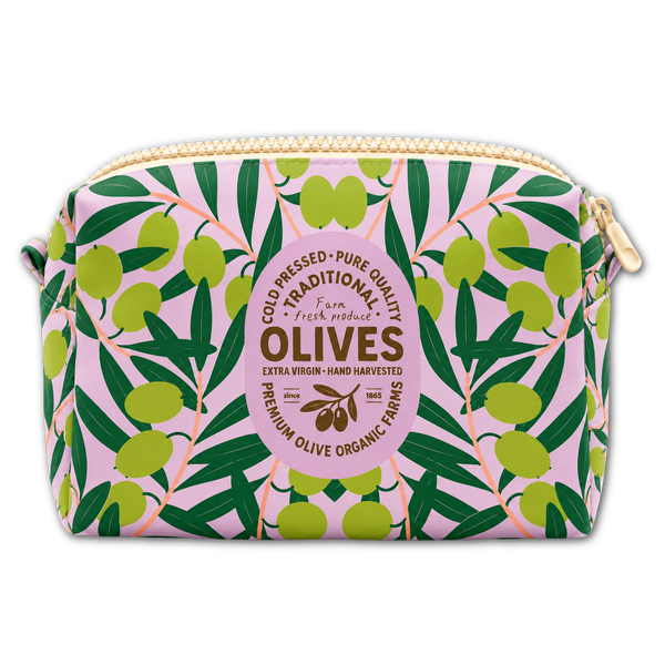 Lavender Olive Mini Box Bag featuring an Olives tin label surrounded by green olive branches