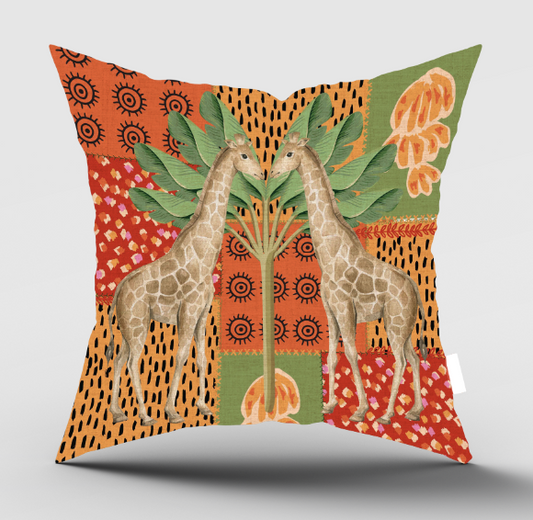 Livingstone Scatter Cover featuring giraffes and a leopard on red and orange patterned panels