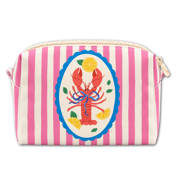Lobster Lunch Mini Box Bag featuring a red lobster in an oval frame on pink and white stripes