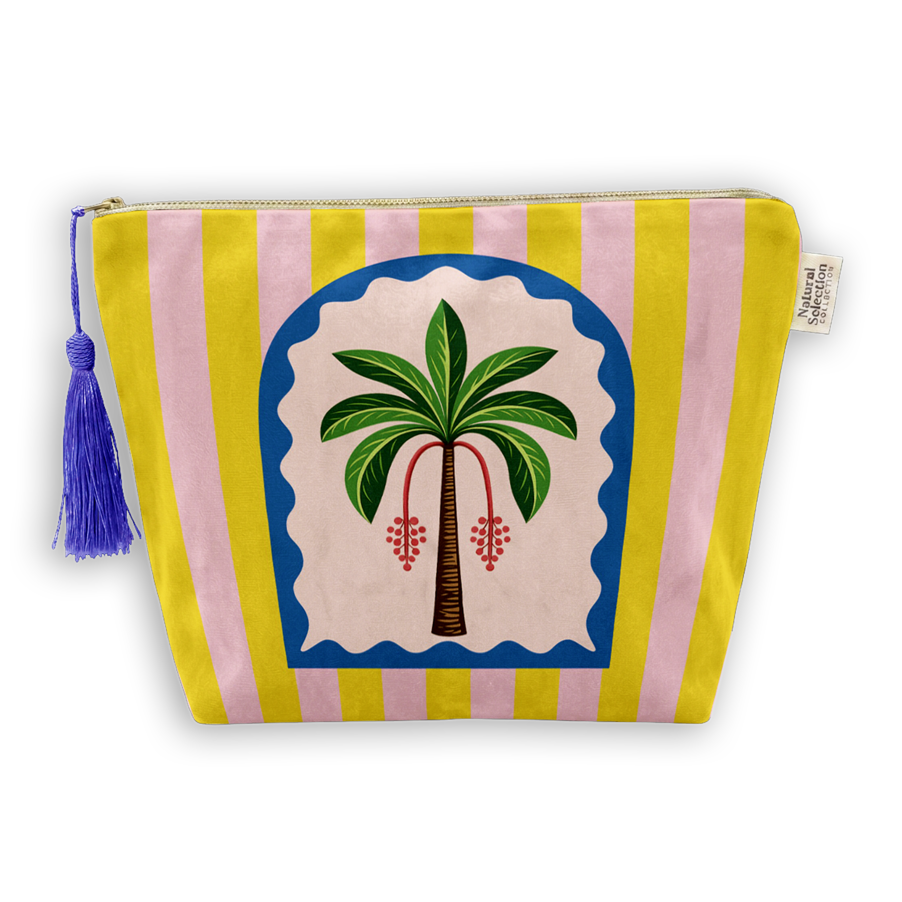 A zippered cosmetic pouch with a colorful design featuring vertical pink and yellow stripes, a central blue-bordered arch with a green palm tree and red hanging fruit, and a purple tassel on the left side.