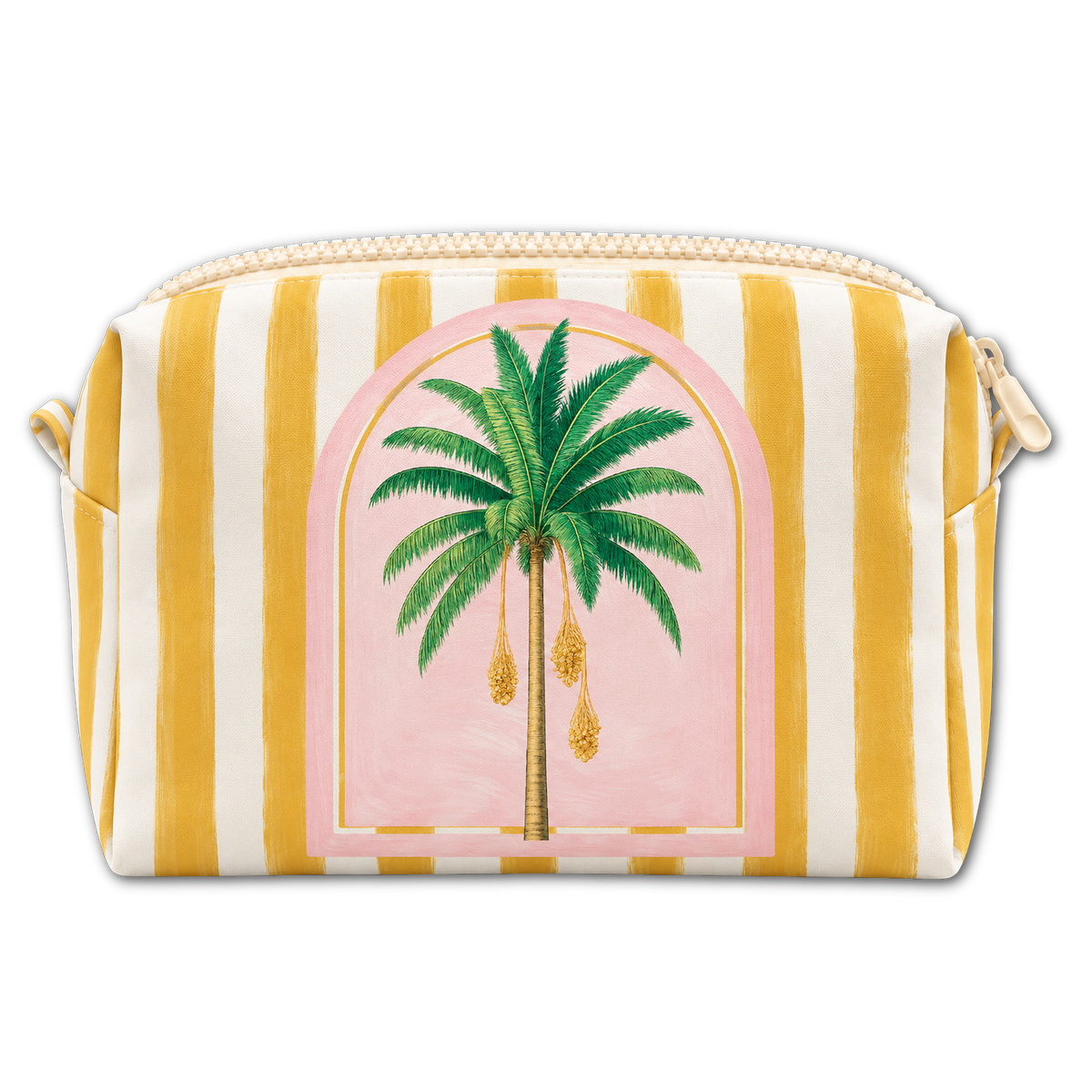 Yellow and white striped zippered pouch featuring a palm tree inside a pink arched frame.