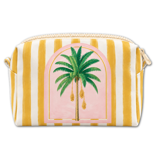 Yellow and white striped zippered pouch featuring a palm tree inside a pink arched frame.