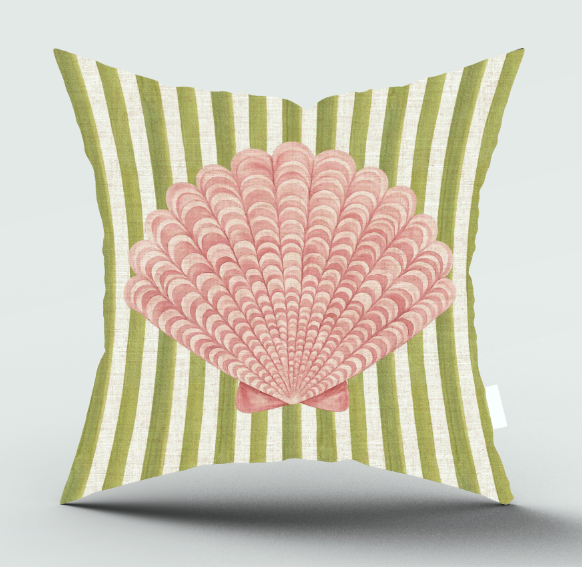 A square throw pillow with a green and cream vertical stripe pattern and a large pink seashell graphic in the center, shown against a light gray background.