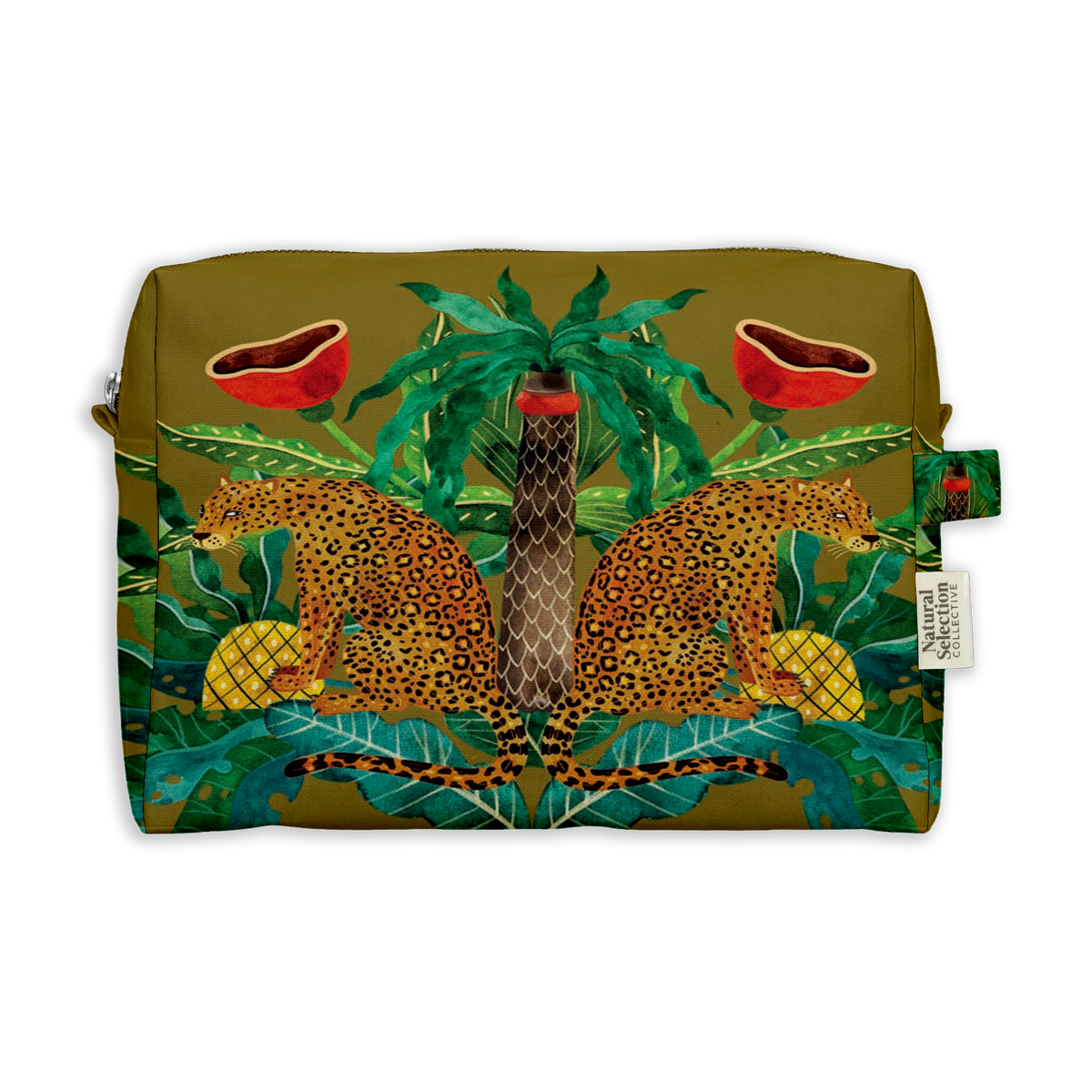 Manor Leo Toiletry Bag featuring two leopards among tropical leaves and pineapples on olive