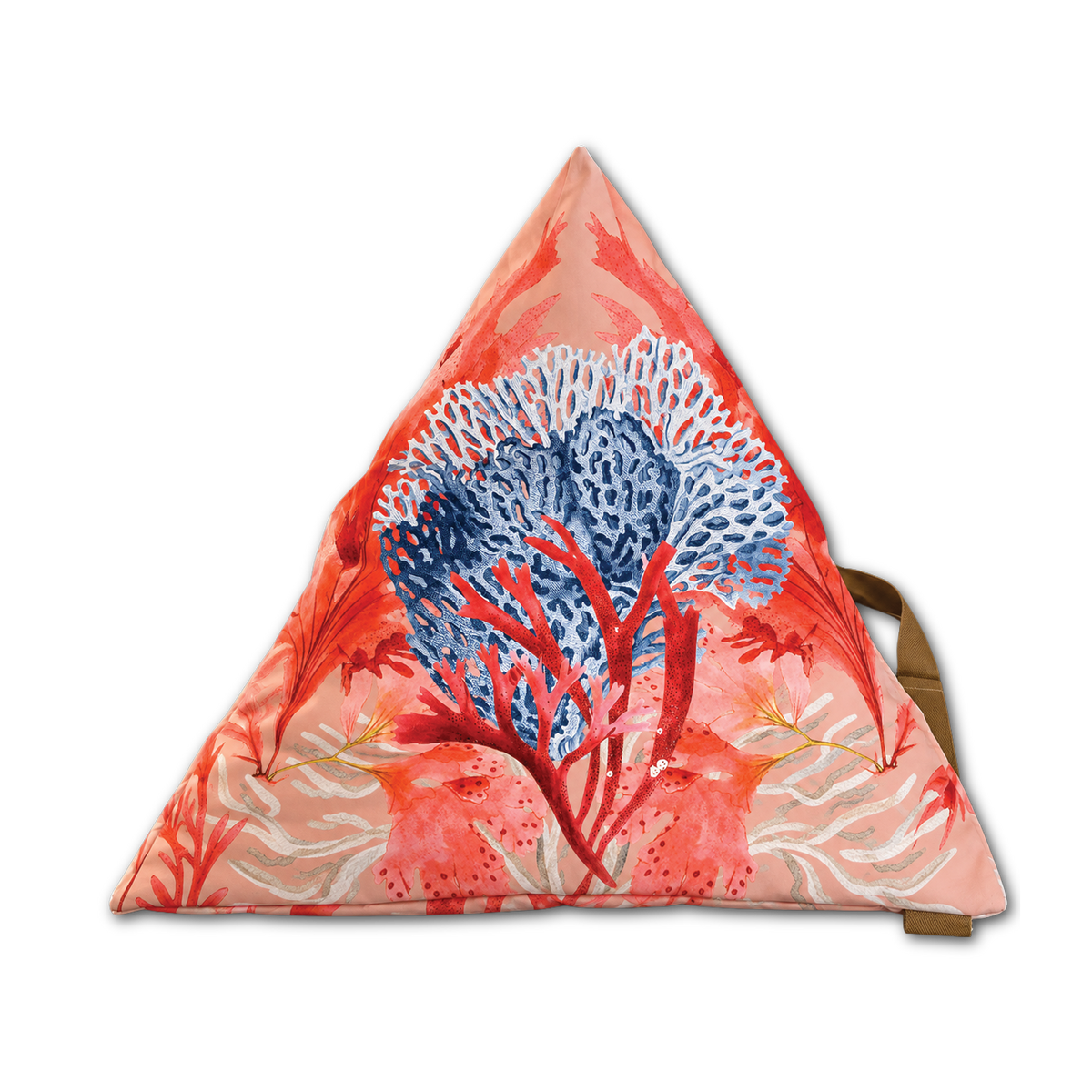 A triangular fabric bag or pouch featuring a coral reef illustration in red, orange, and blue on a light peach background, with a tan strap visible on the right side, set against a plain white background.