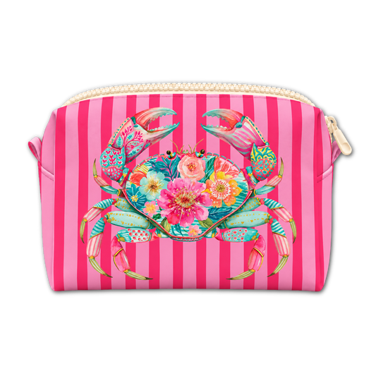 A rectangular cosmetic pouch with a pink and magenta vertical stripe pattern, featuring a large colorful crab illustration with flowers on the front. The pouch has a cream-colored zipper and a matching side loop, shown against a plain white background.