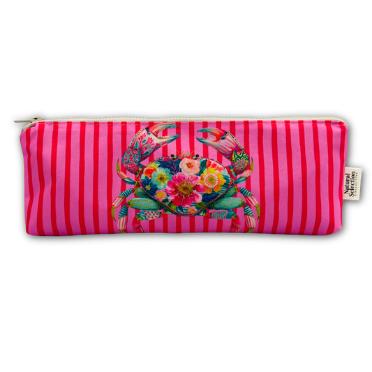 A rectangular zippered pouch with a vibrant pink and magenta vertical stripe pattern, featuring a colorful tropical crab and floral design on the front, with a small brand tag on the right side.