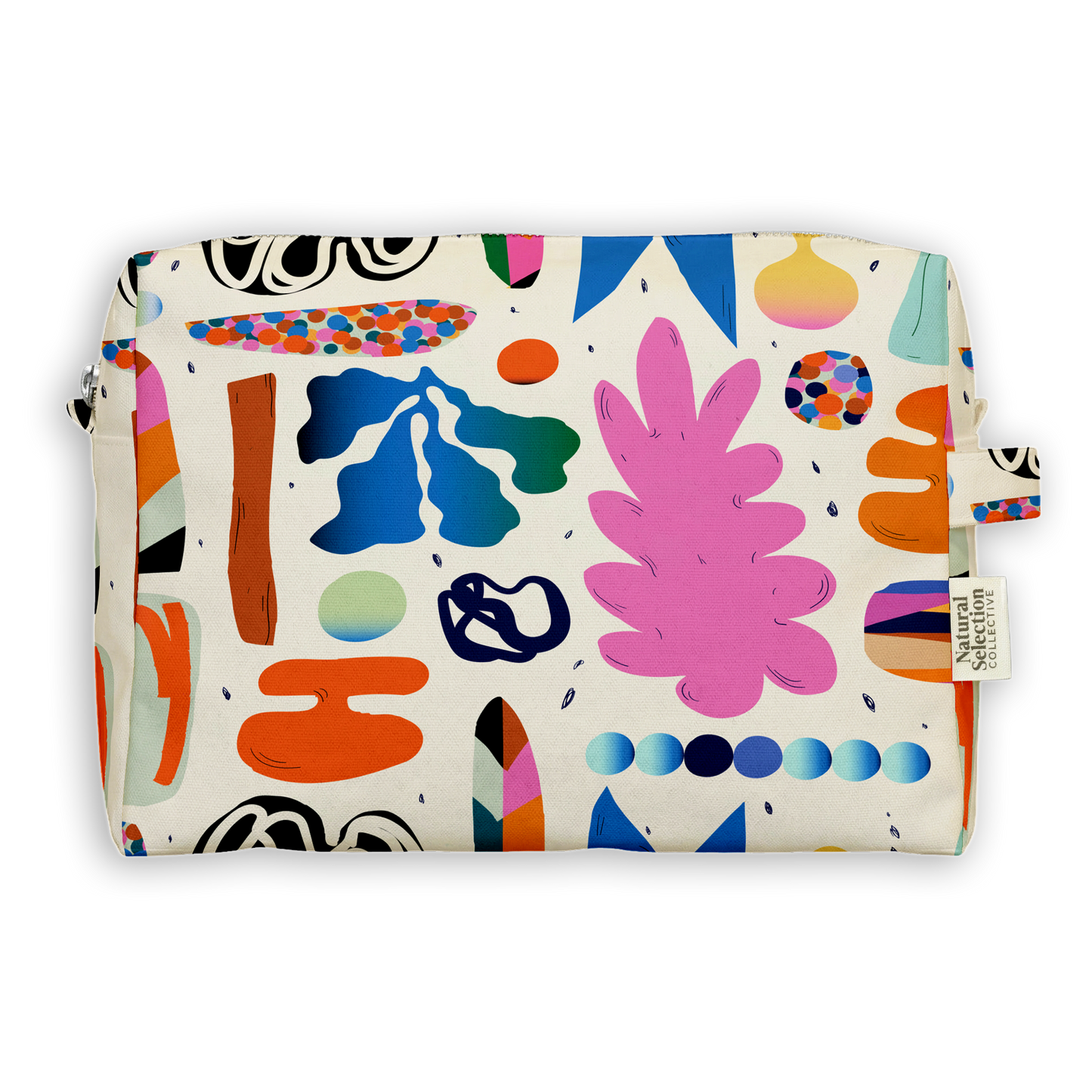 A zippered pouch by Natural Selection featuring a vibrant, multicolor abstract pattern on a cream background, shown against a plain white studio background.