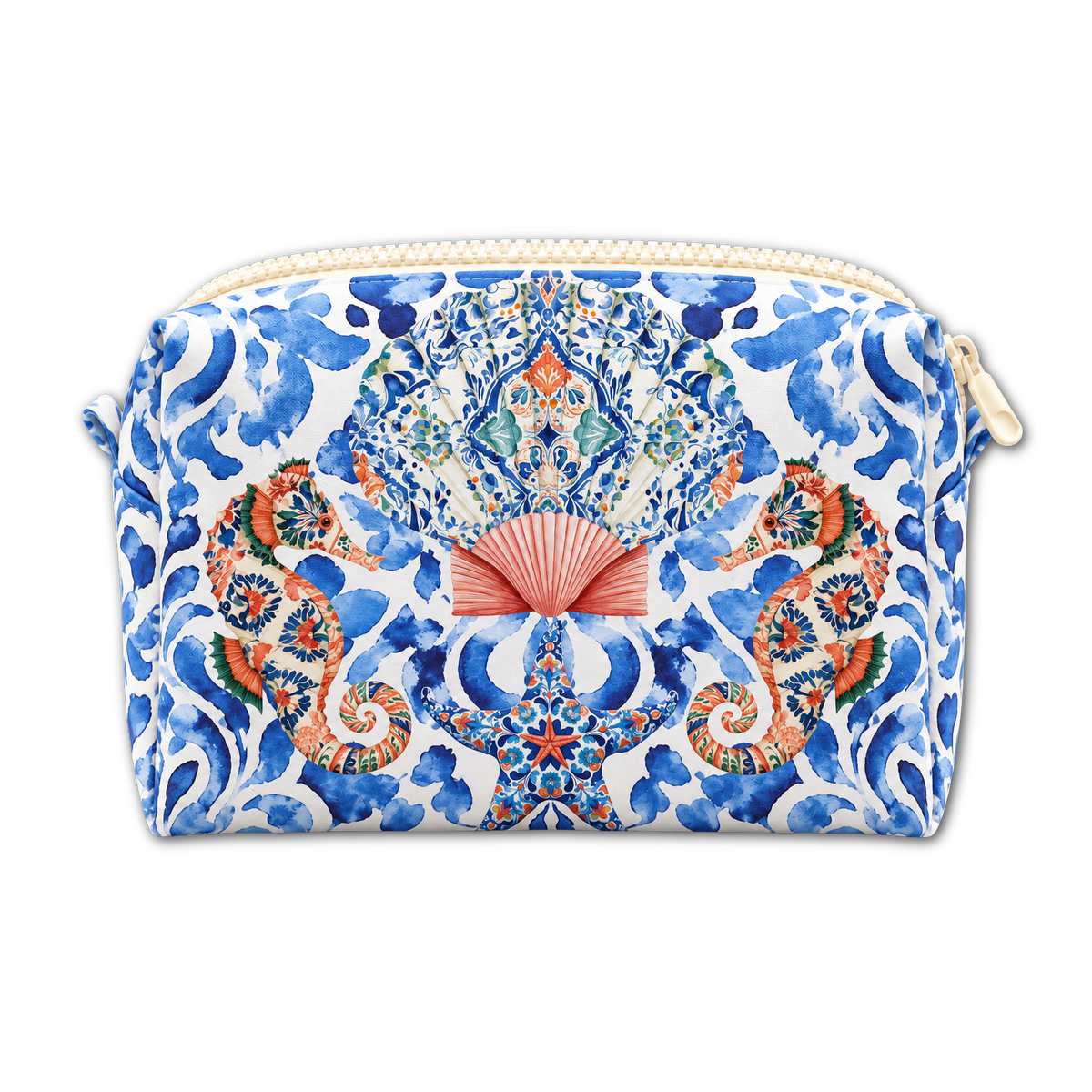 A zippered cosmetic pouch featuring a detailed blue and white tile-inspired pattern with a central coral fan motif and orange floral details, shown on a plain white background.