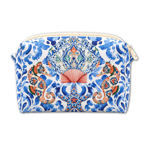 A zippered cosmetic pouch featuring a detailed blue and white tile-inspired pattern with a central coral fan motif and orange floral details, shown on a plain white background.