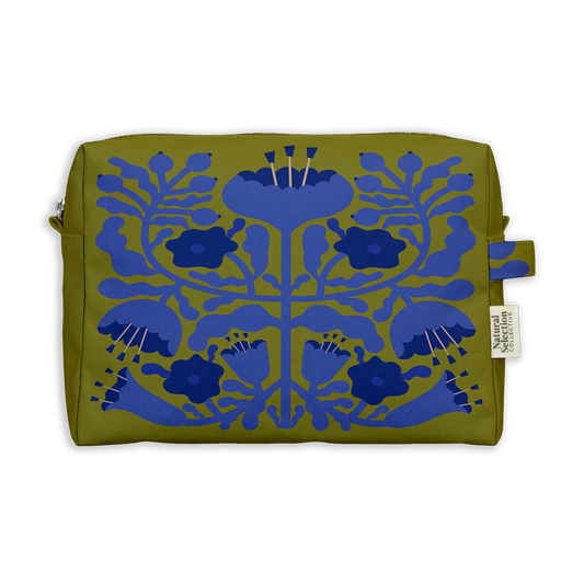 Monarch Garden Toiletry Bag featuring blue and purple flowers on olive green