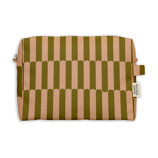 Moss Stripe Toiletry Bag featuring olive green and blush pink stripes