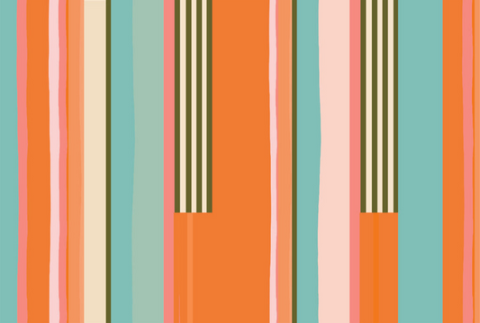 A flat abstract pattern of vertical stripes in coral orange, aqua blue, blush pink, cream, and olive green.