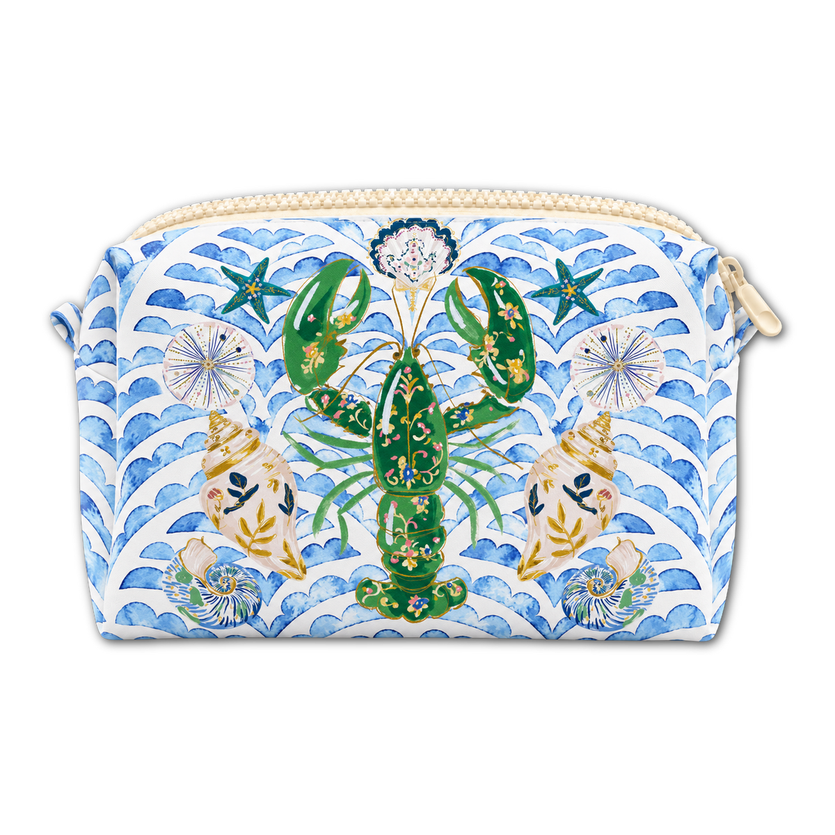 A zippered cosmetic pouch featuring a colorful illustration of a green lobster, seashells, and blue wave patterns on a white background.