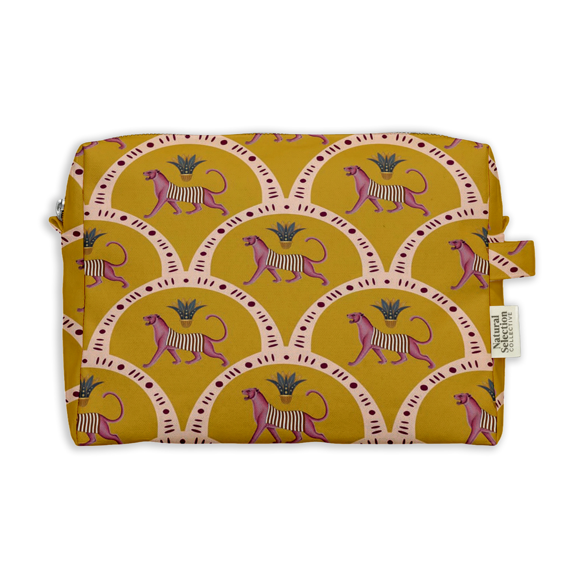 Nile Leo Toiletry Bag featuring pink leopards in scalloped arches on mustard