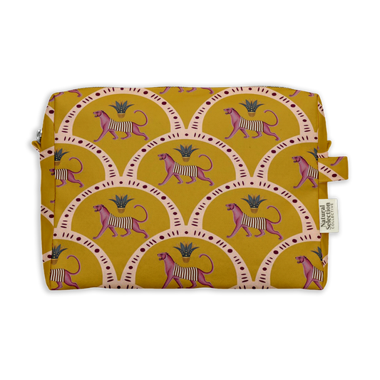 Nile Leo Toiletry Bag featuring pink leopards in scalloped arches on mustard