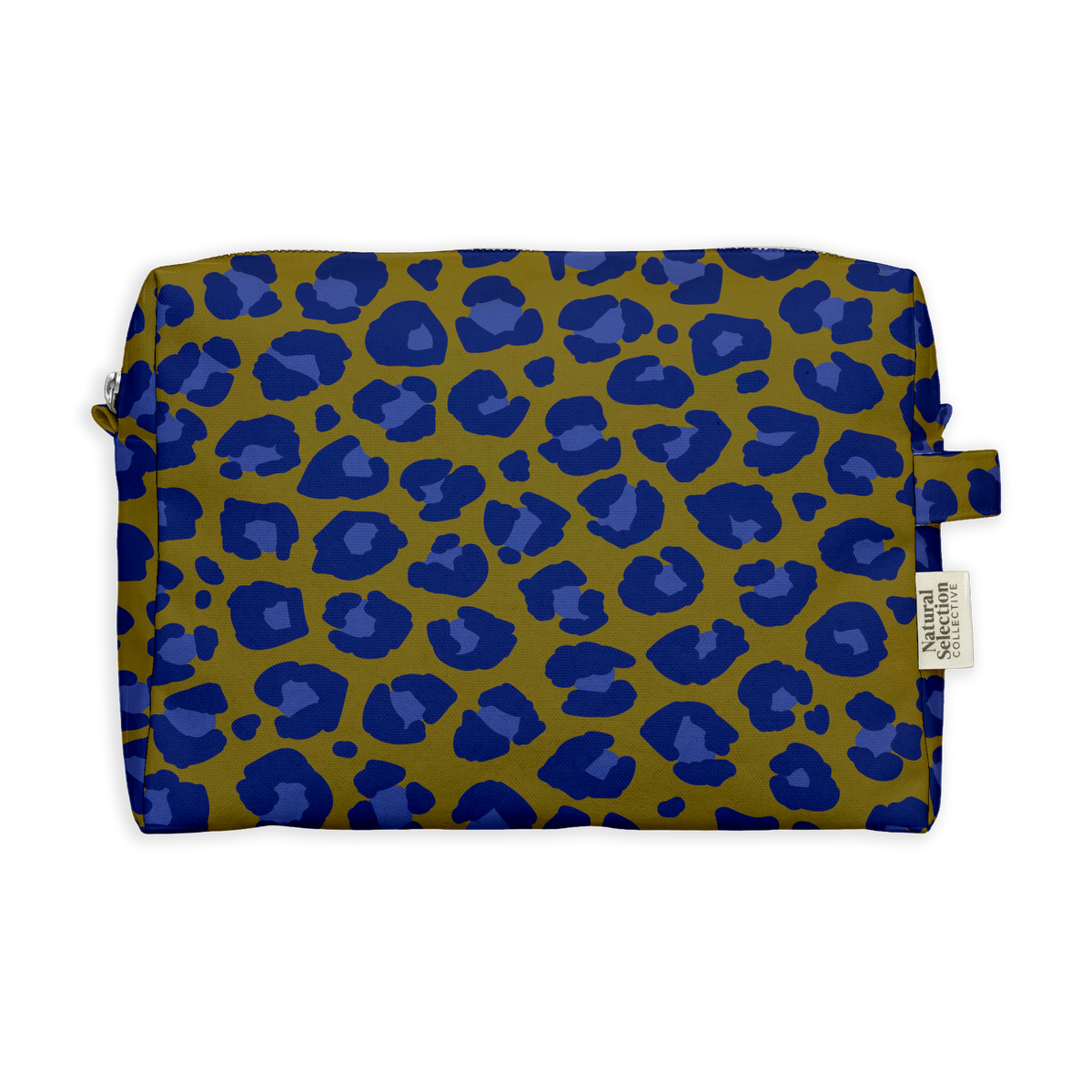 Noble Hide Toiletry Bag featuring royal blue leopard spots on mustard