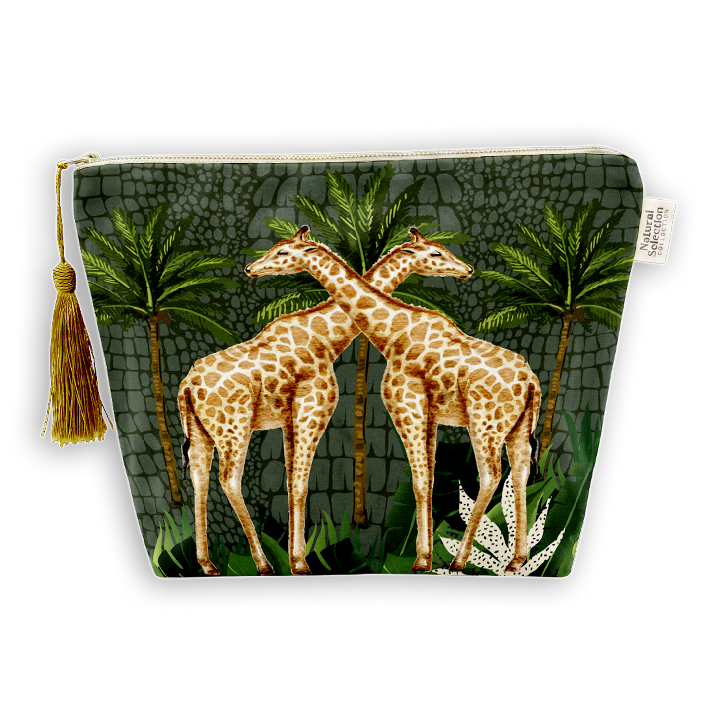 A zippered cosmetic pouch featuring a printed design of two giraffes standing in front of palm trees on a dark textured background, with a gold tassel on the left side.