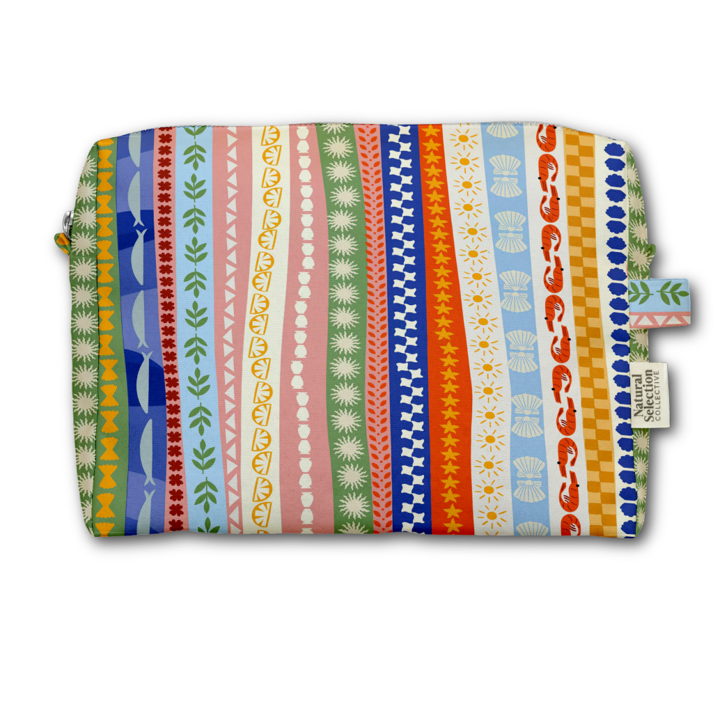 A rectangular zippered pouch featuring a colorful print of a green lobster, blue waves, and seashells on a white background, with a small side tag reading Natural Living.