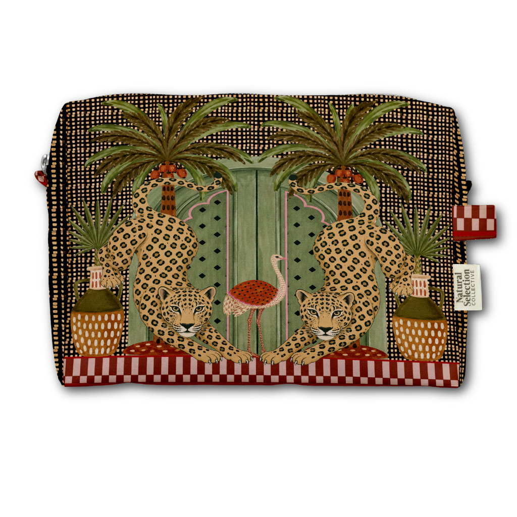 A rectangular zippered pouch featuring a detailed tropical and animal print design with leopards, palm trees, a flamingo, and red-and-white checkered accents, shown on a plain white background.