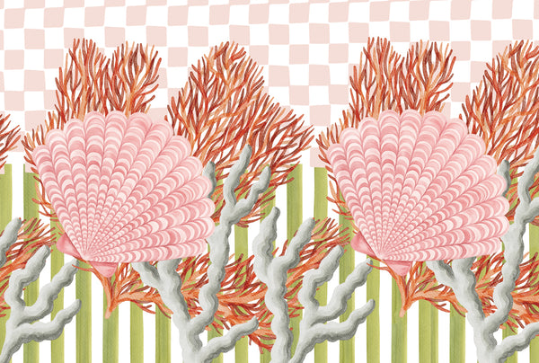 Seashells and coral on a striped background