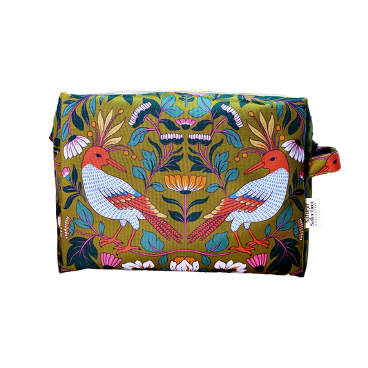Palace Garden Green Toiletry Bag featuring pink birds and flowers in a symmetrical pattern on dark green