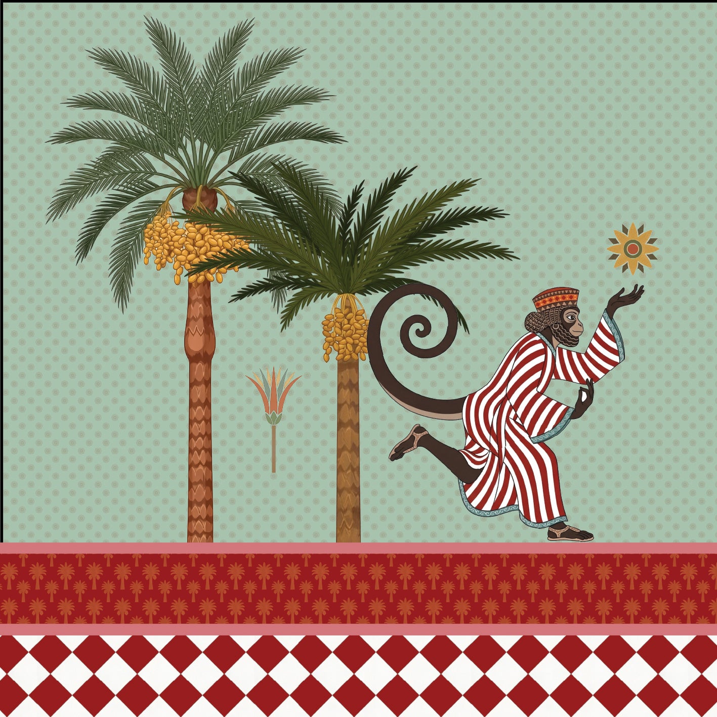 A stylized illustrated scene with two palm trees, yellow coconuts, a sun, and a dancing monkey in a red-and-white striped robe against a pale green patterned background.