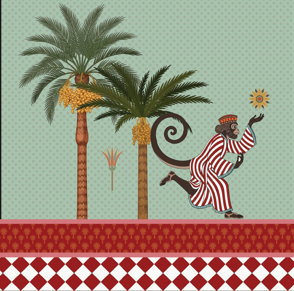 A stylized illustrated scene with two palm trees, yellow coconuts, a sun, and a dancing monkey in a red-and-white striped robe against a pale green patterned background.
