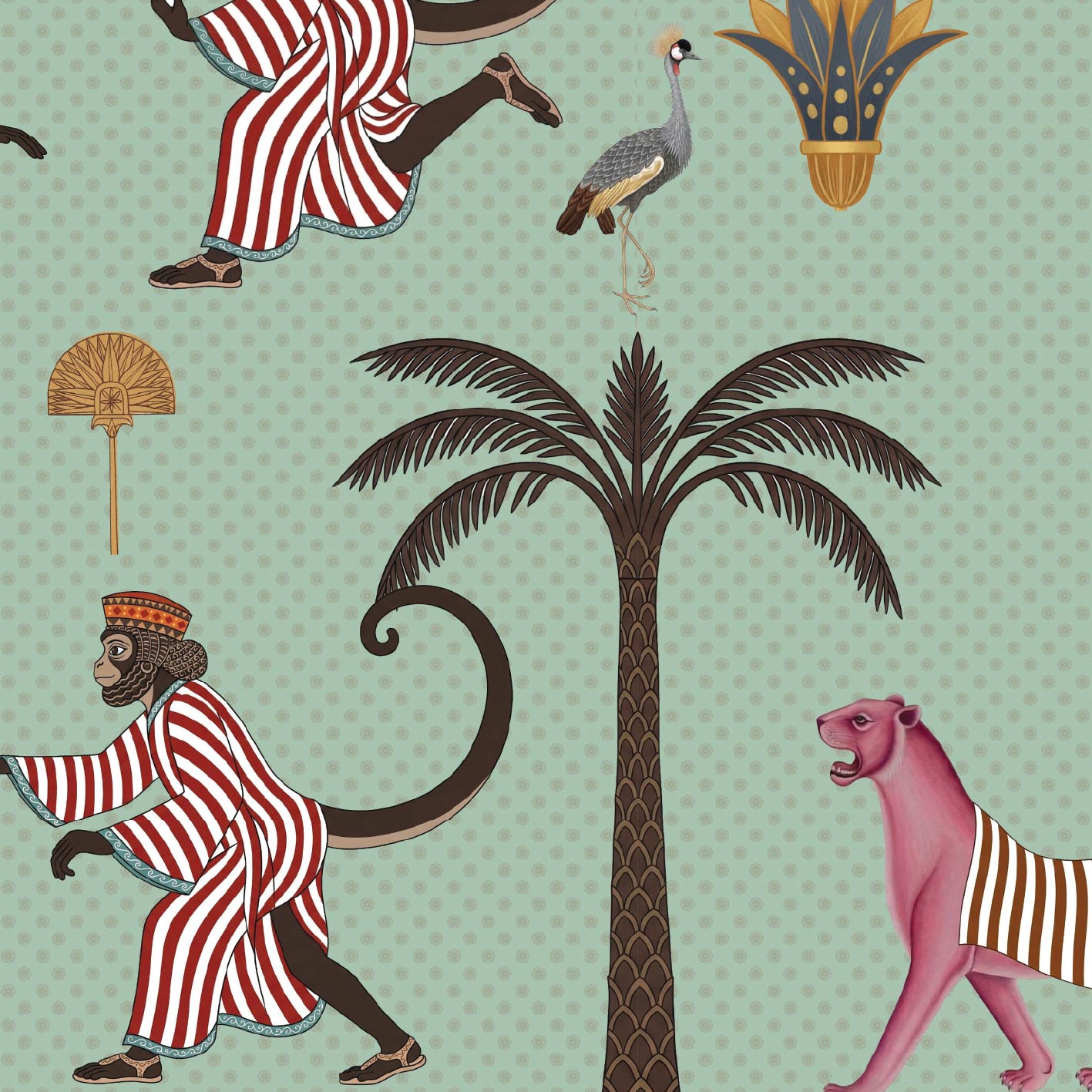 A repeating illustrated pattern on a pale mint green dotted background, featuring a dark brown palm tree, a pink panther wearing a striped garment, a monkey in a red-and-white striped robe, a gray bird, a gold fan, and a gold-and-blue headdress.