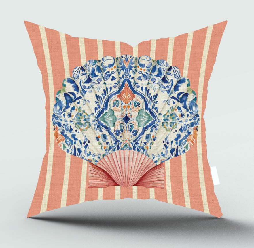 A square decorative throw pillow with a coral pink and cream vertical stripe background, featuring a large central fan-shaped motif in blue, green, and orange floral tile-style print, shown on a light gray background.