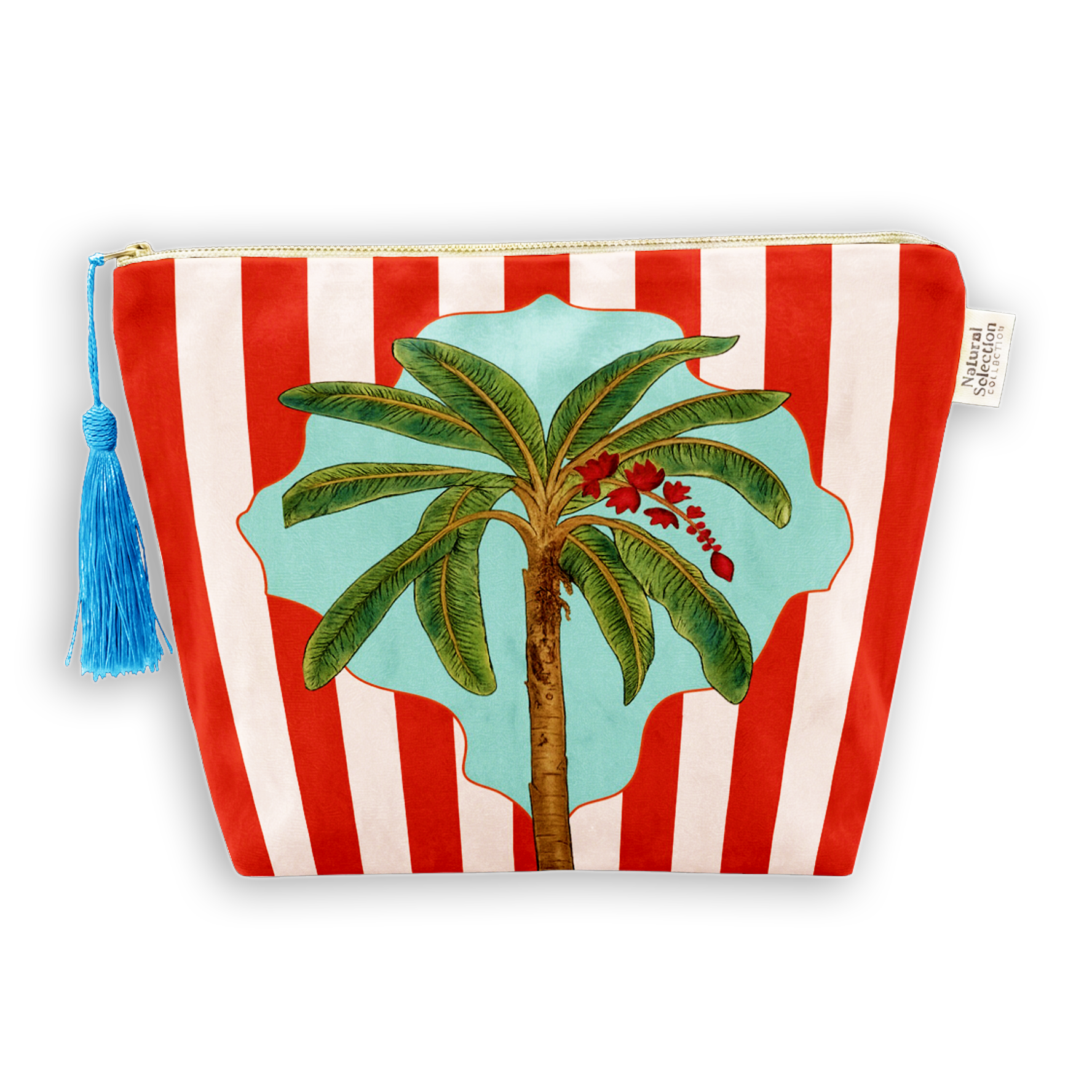 A zippered cosmetic pouch featuring a red and white striped pattern with a central illustration of a green palm tree on a light blue background. The pouch has a gold zipper, a blue tassel zipper pull, and a small white fabric brand tag on the right side.