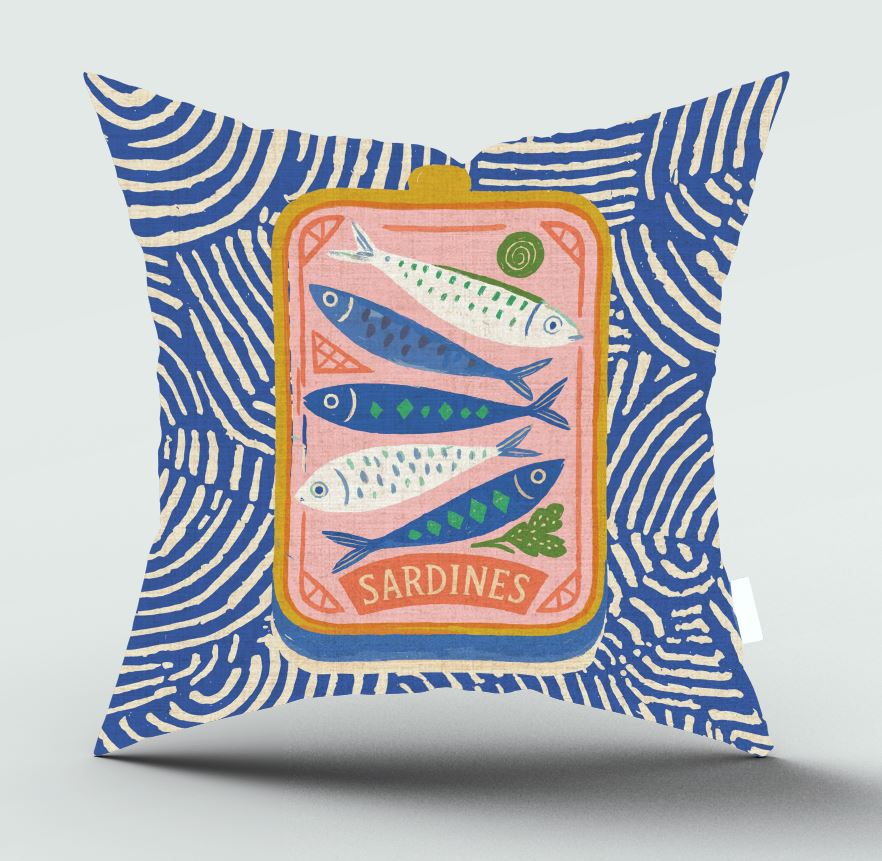 A square decorative throw pillow featuring a colorful tin of sardines illustration in the center, set against a blue and white wavy patterned background.