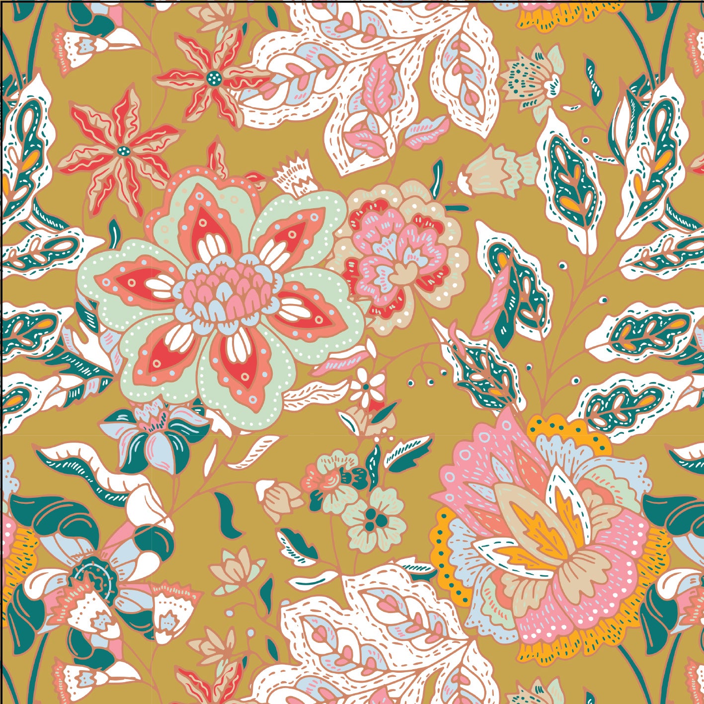 A repeating floral pattern on a mustard yellow background, featuring large layered flowers in pink, coral, cream, and light blue, with teal leaves and stems.