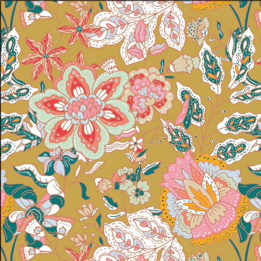A repeating floral pattern on a mustard yellow background, featuring large layered flowers in pink, coral, cream, and light blue, with teal leaves and stems.