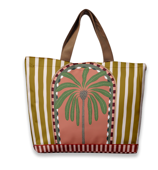 Palma Palm Organiser Bag featuring a palm tree in an arch on salmon pink with an olive striped border