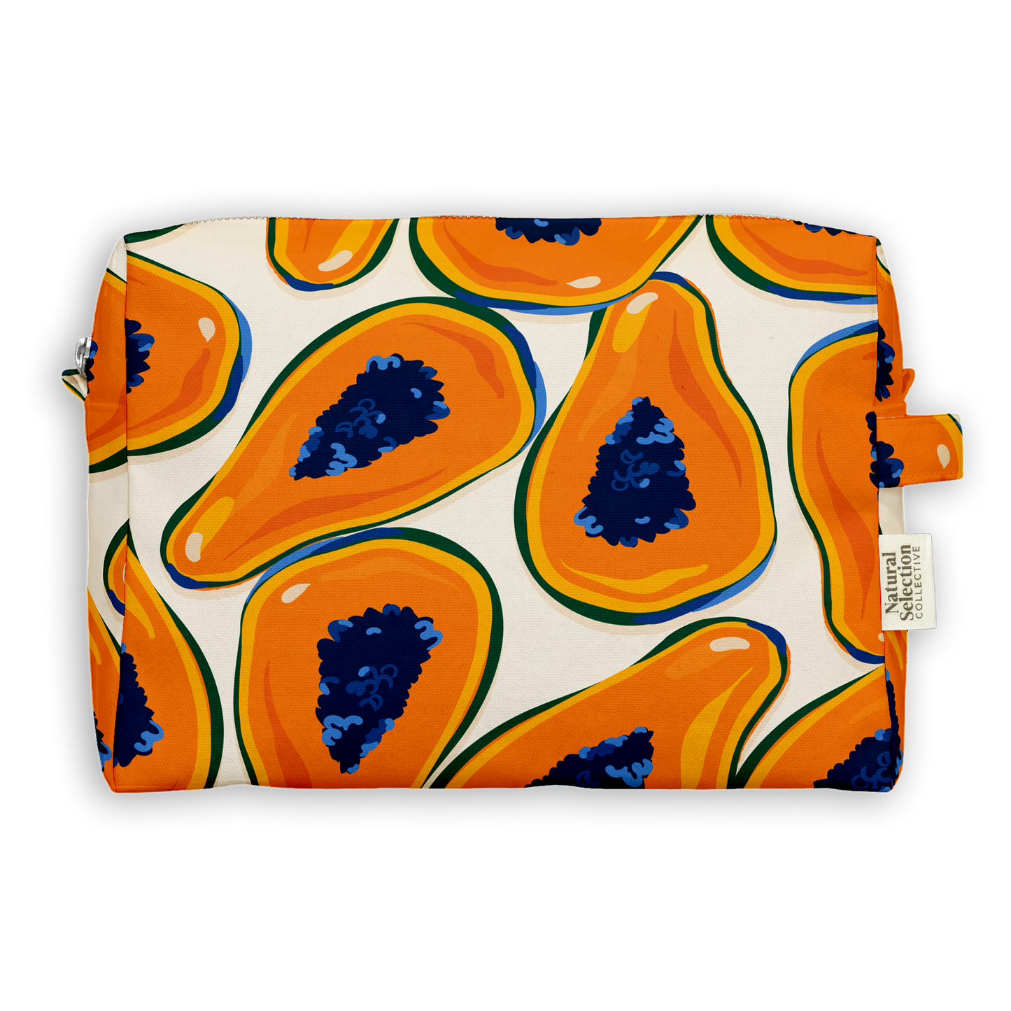 A rectangular pouch featuring a bold pattern of orange papayas with dark blue centers on an off-white background, with a small side tab showing the 'Natural Selection' brand label.
