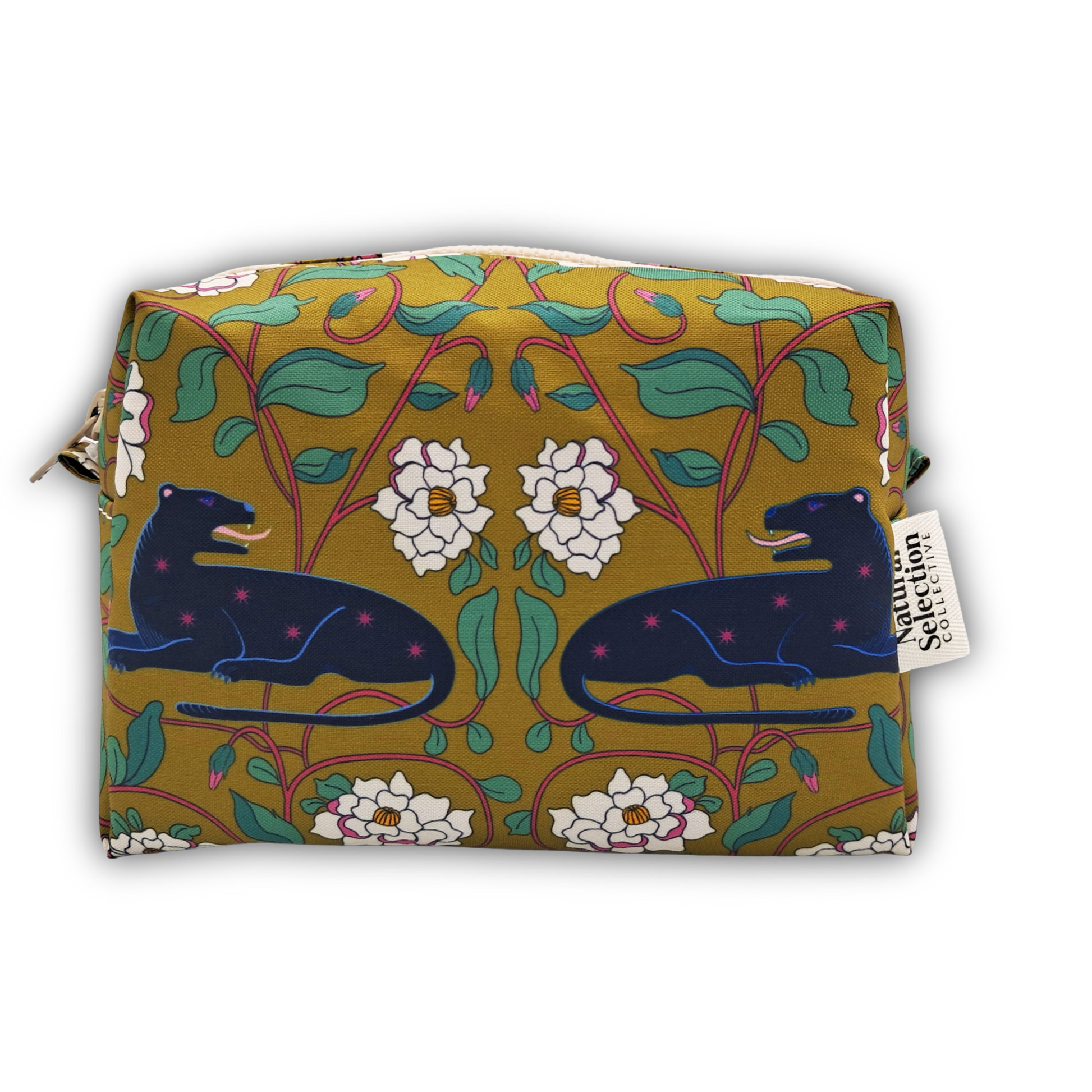 A rectangular cosmetic pouch featuring a William Morris-inspired floral pattern in mustard yellow, green, white, and navy blue, with two dark blue panthers. A white fabric tag on the right side reads 'Natchez Collection'.