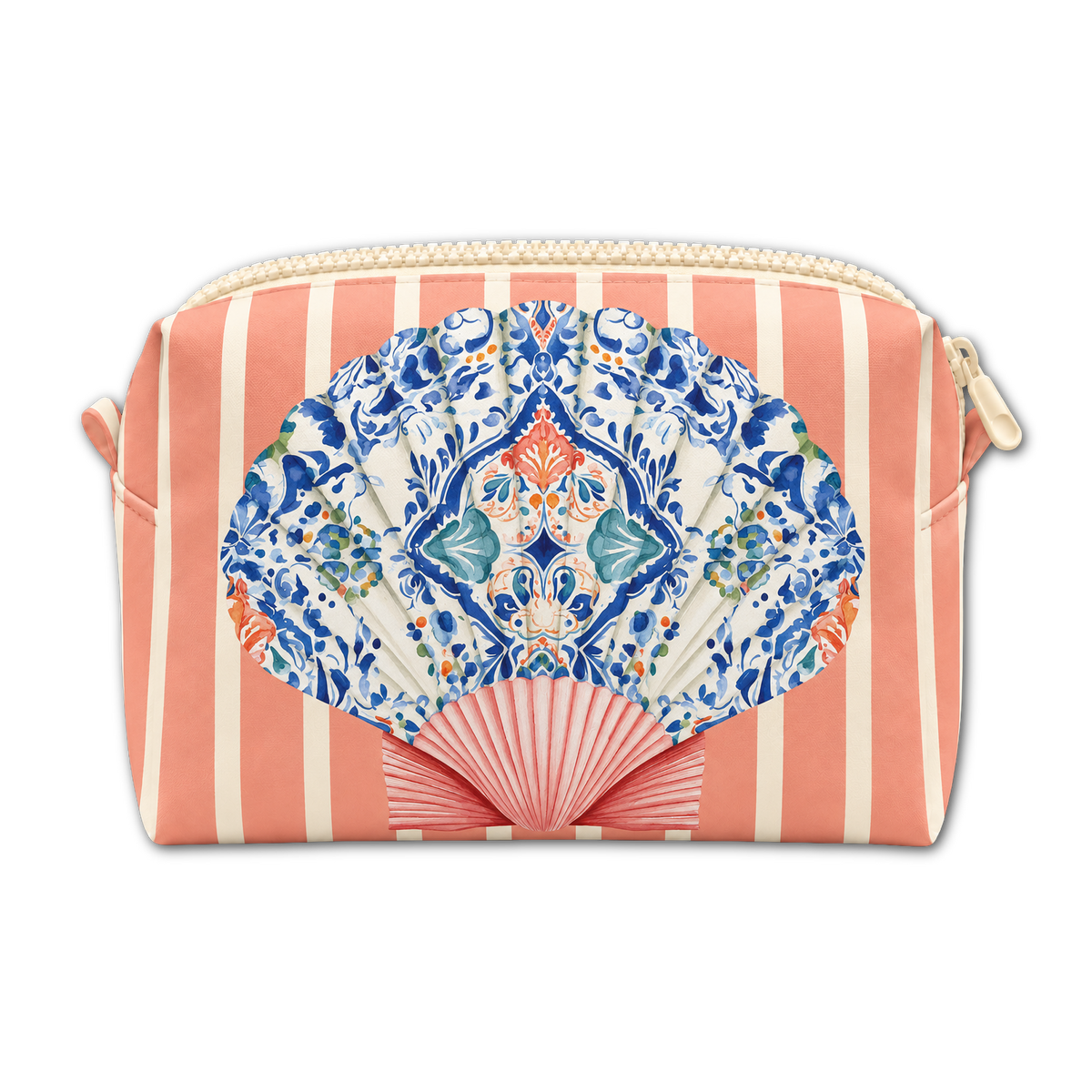 A rectangular zip pouch with a coral pink and cream vertical stripe pattern, featuring a large decorative fan-shaped print in blue, white, and orange on the front, with a cream zipper closure.