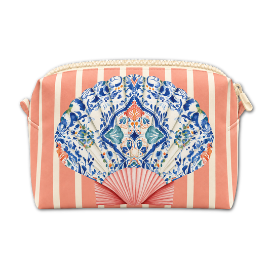 A rectangular zip pouch with a coral pink and cream vertical stripe pattern, featuring a large decorative fan-shaped print in blue, white, and orange on the front, with a cream zipper closure.