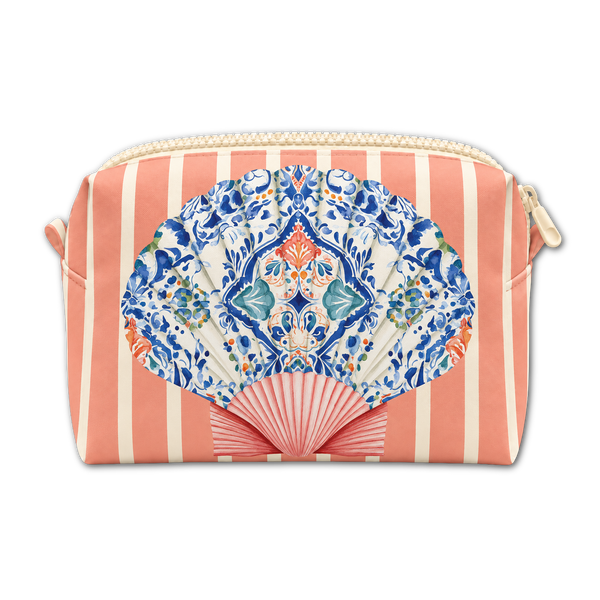 A rectangular zip pouch with a coral pink and cream vertical stripe pattern, featuring a large decorative fan-shaped print in blue, white, and orange on the front, with a cream zipper closure.