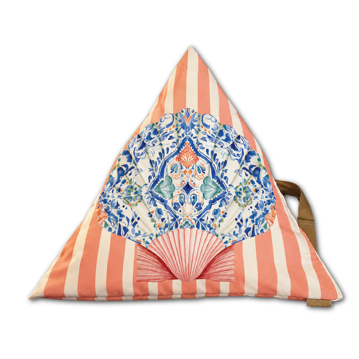 A triangular cushion or pillow with coral pink and off-white vertical stripes, featuring a large printed fan motif in blue, teal, and orange on the front, with a brown strap visible on the right side.