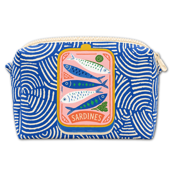 Porto Sardines Mini Box Bag featuring a sardine tin on blue and white wavy stripes