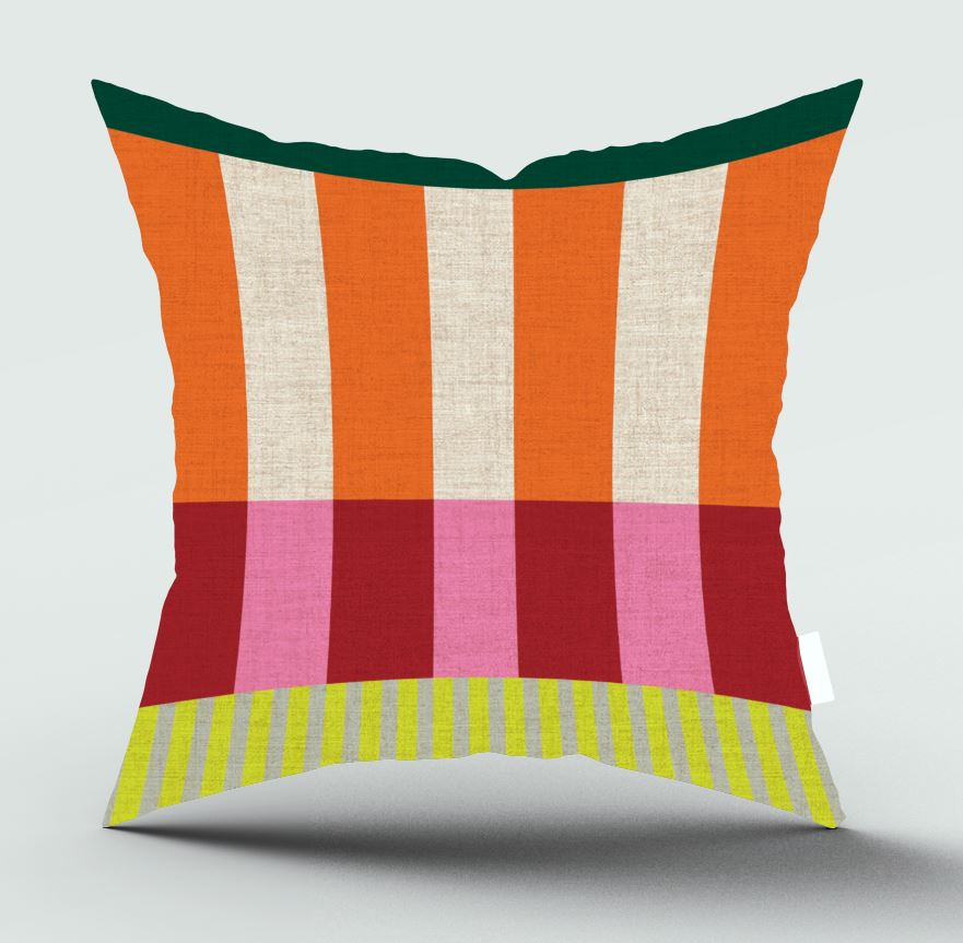 A square decorative throw pillow with a colorful striped and block pattern, featuring vertical orange, cream, and green stripes on the upper half, horizontal pink and red bands on the lower half, and a yellow and green striped border at the bottom, shown on a light gray background.