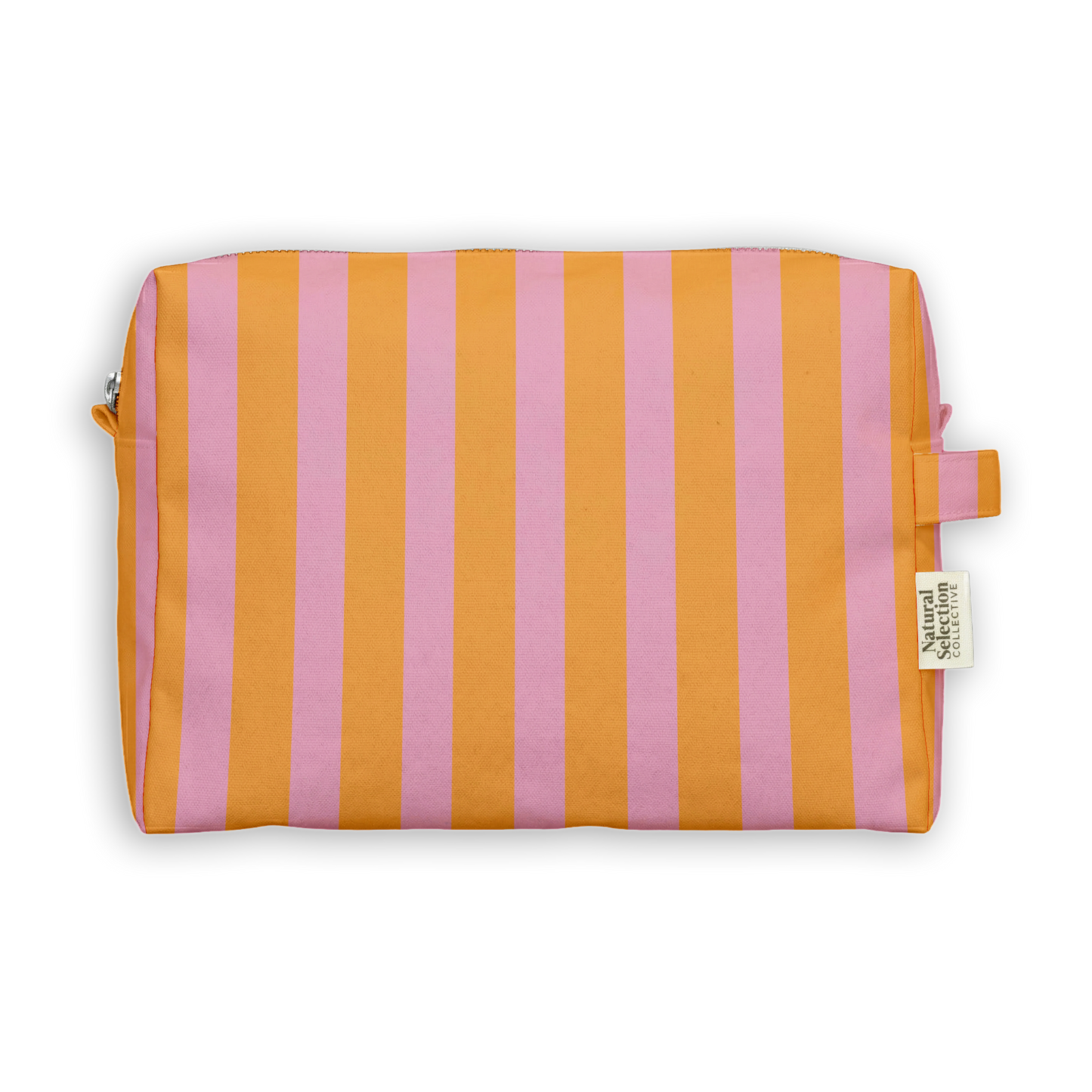 A rectangular zippered pouch with vertical stripes in orange and pink, featuring a small fabric tag on the right side that reads 'Natural Living'.