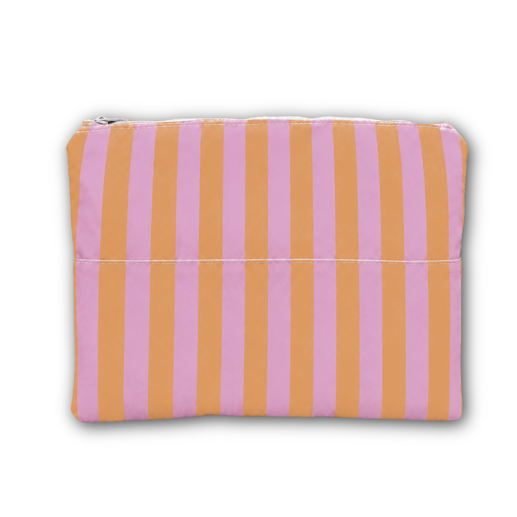 A zippered pouch with vertical stripes in alternating shades of pink and orange, shown against a plain white background.