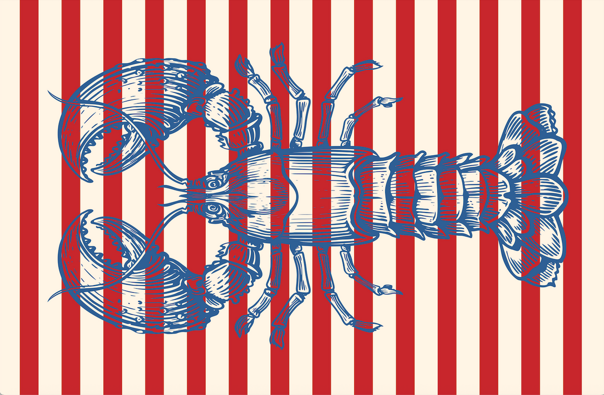 Rockport Lobster Tablecloth featuring a blue lobster on red and white stripes